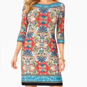 Sandra Darren Red and Blue Patterned Long Sleeve Dress